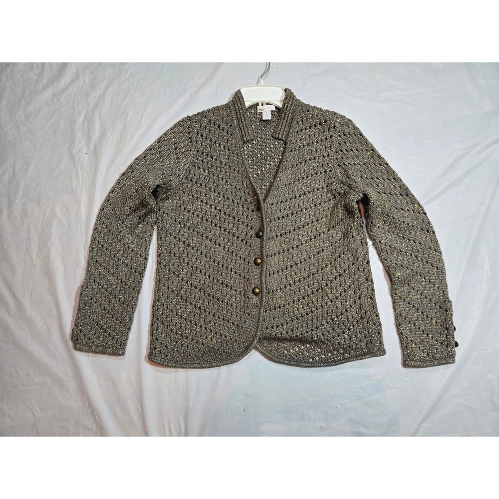 Chico's Women's 1/M Metallic Gray Knit Button Front Cardigan Sweater